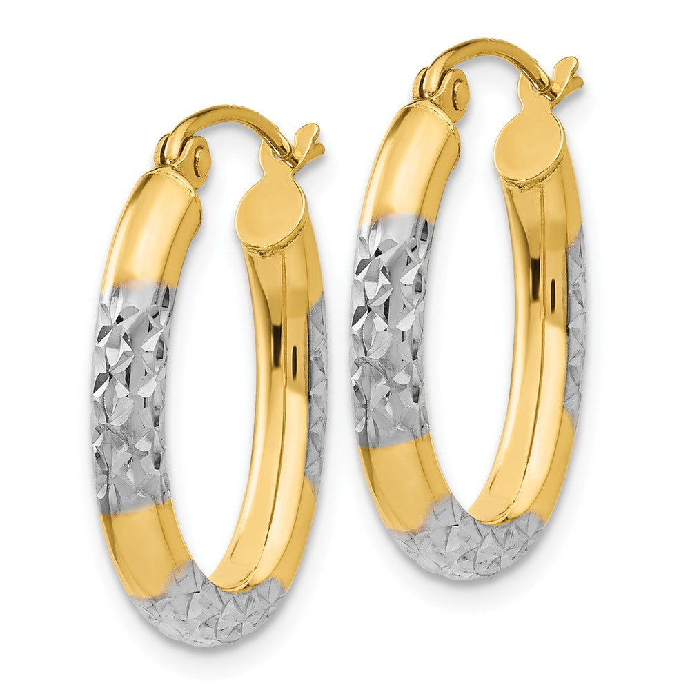 14K & Rhodium 3mm Diamond Cut Oval Hollow Hoop Earrings Secondary image
