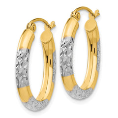 14K & Rhodium 3mm Diamond Cut Oval Hollow Hoop Earrings