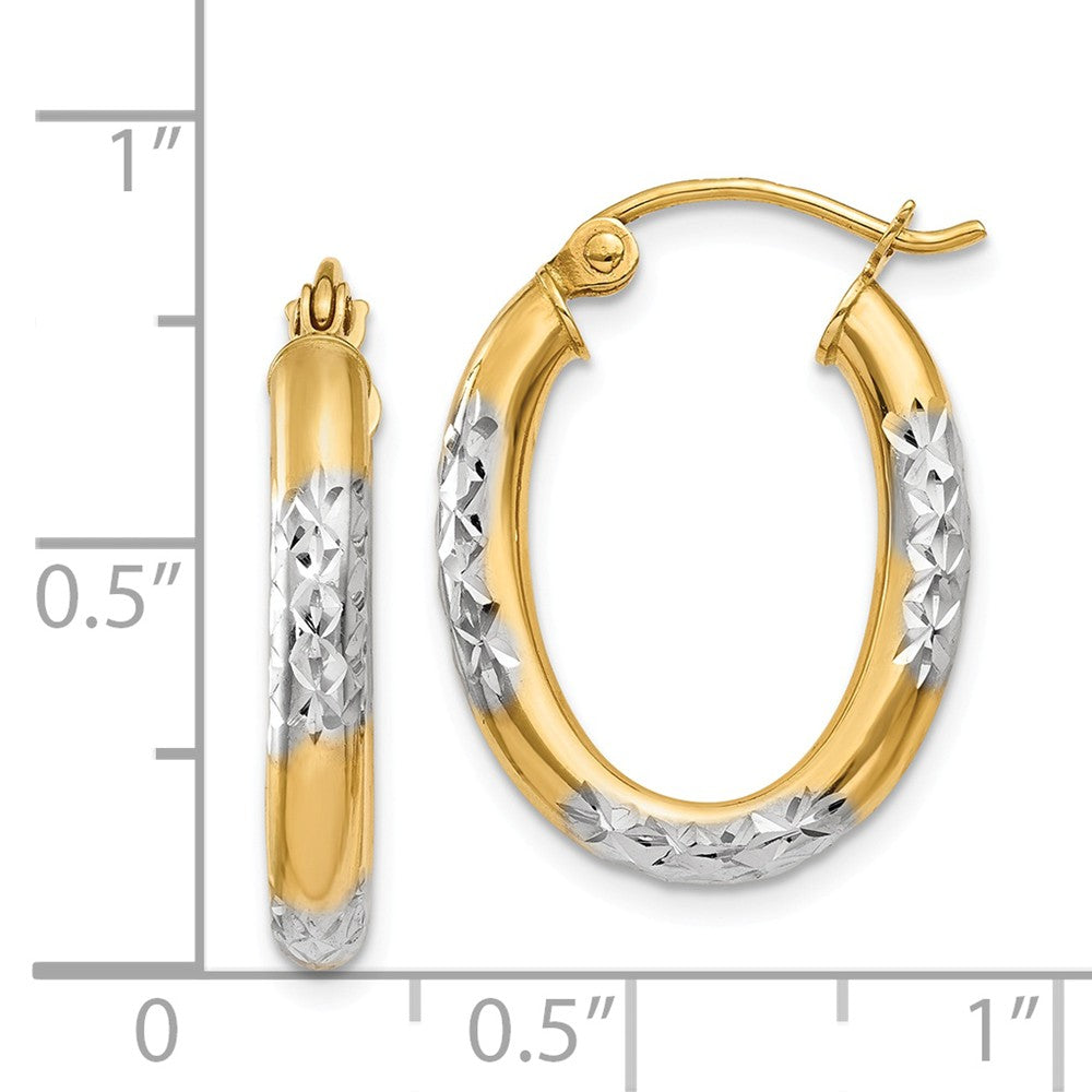 14K & Rhodium 3mm Diamond Cut Oval Hollow Hoop Earrings