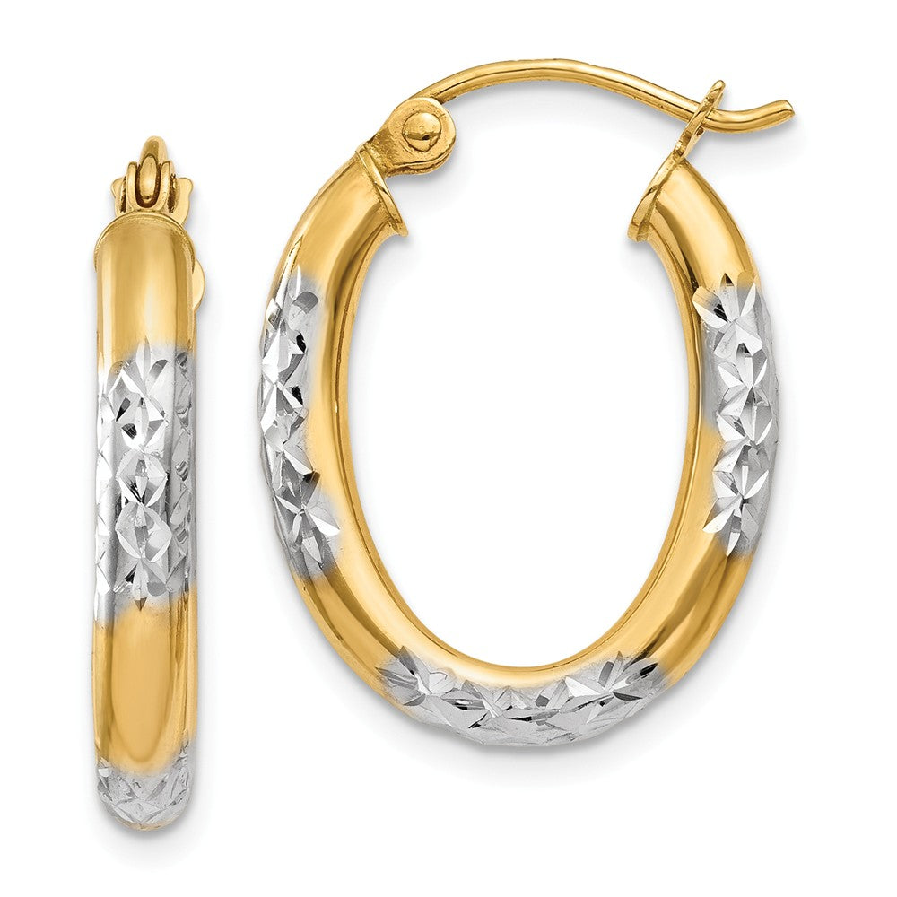 14K & Rhodium 3mm Diamond Cut Oval Hollow Hoop Earrings Main image