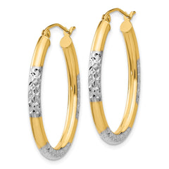 14K With  White Rhodium 3mm Diamond Cut Oval Hollow Hoop Earrings