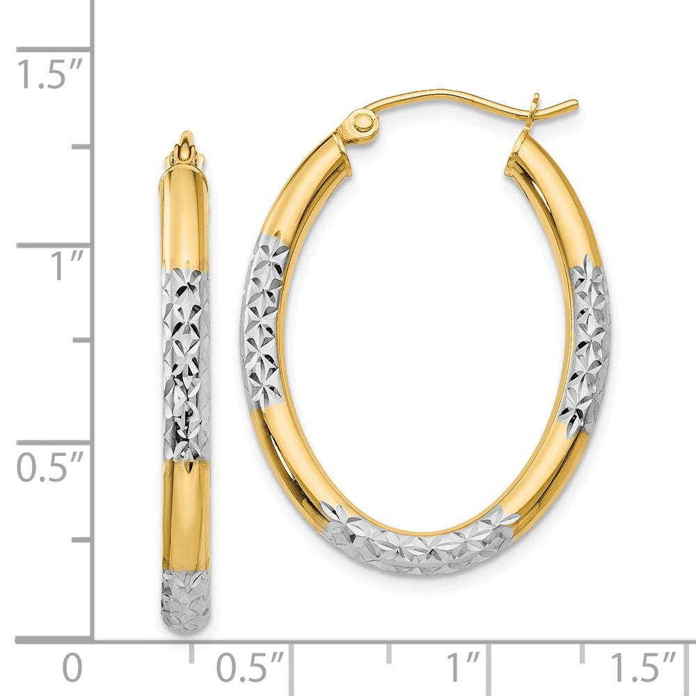 14K & Rhodium 3mm Diamond Cut Oval Hollow Hoop Earrings
