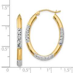 14K & Rhodium 3mm Diamond Cut Oval Hollow Hoop Earrings