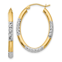 14K With  White Rhodium 3mm Diamond Cut Oval Hollow Hoop Earrings