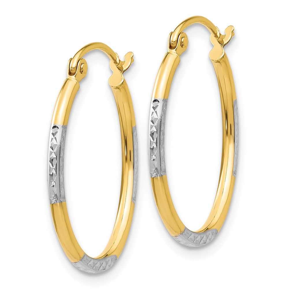 14K With White Rhodium Diamond Cut Oval Hoop Earrings