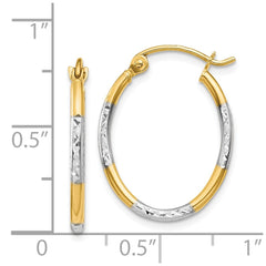 14K & Rhodium Diamond Cut Oval Hoop Earrings