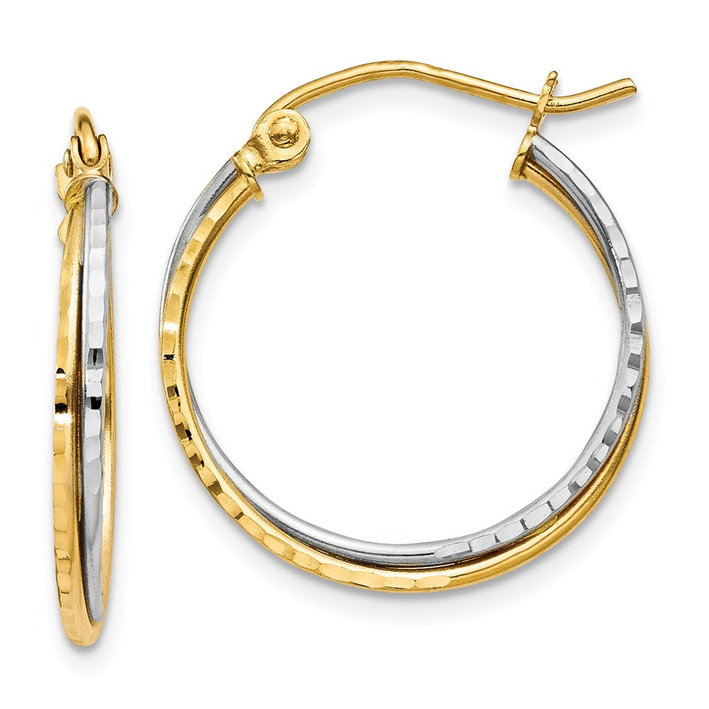 14K Yellow and White Gold Diamond Cut Twisted Hoop Earrings