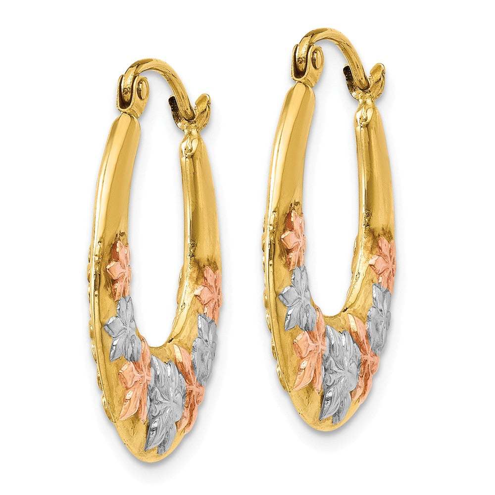 14K & White and Rose Rhodium Hollow Flowers Hoop Earrings Secondary image