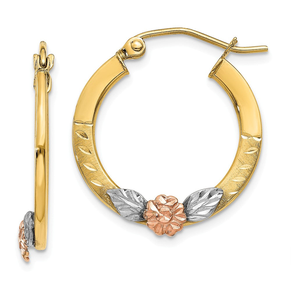 14K Yellow & Rose Gold With  Rhodium Diamond Cut Flower Hoop Earrings