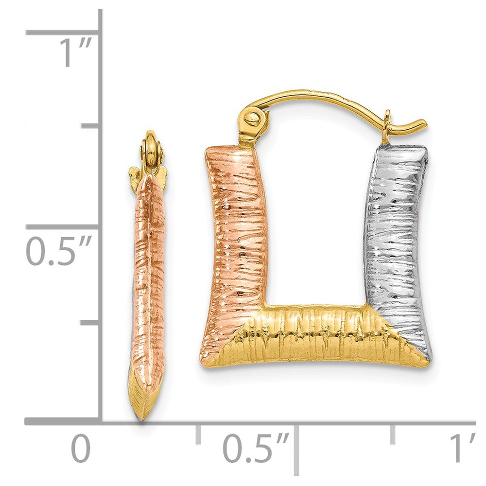 14K & White & Rose Rhodium Hollow Textured Square Hoop Earrings