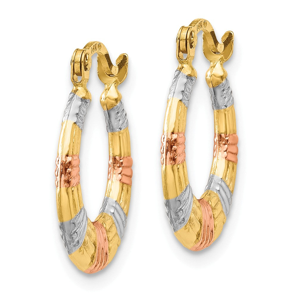 14K & White and Rose Rhodium Hollow Textured Hoop Earrings Secondary image