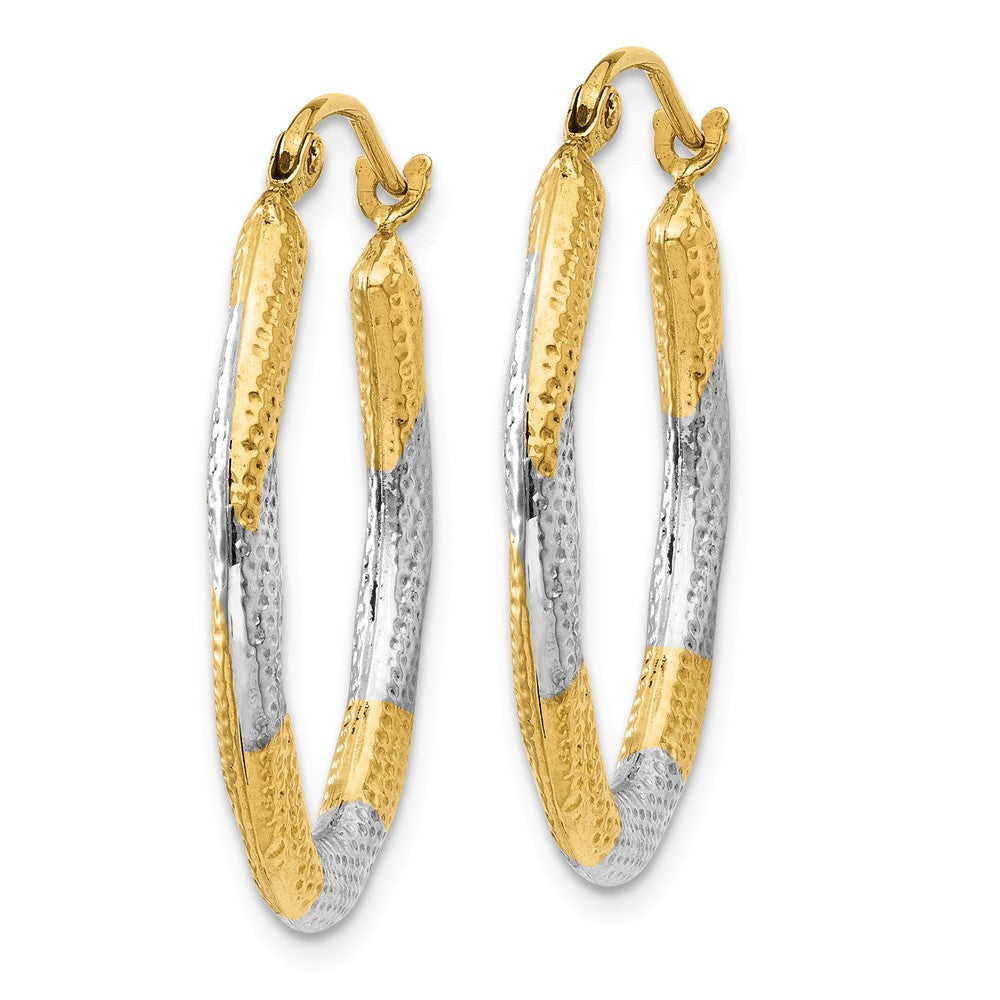 14K & Rhodium Textured Hollow Oval Hoop Earrings Secondary image
