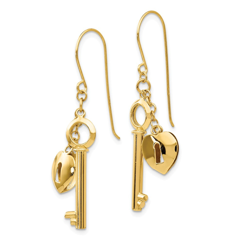 Puffed Heart Lock & Key Drop Earrings in 14K Yellow Gold