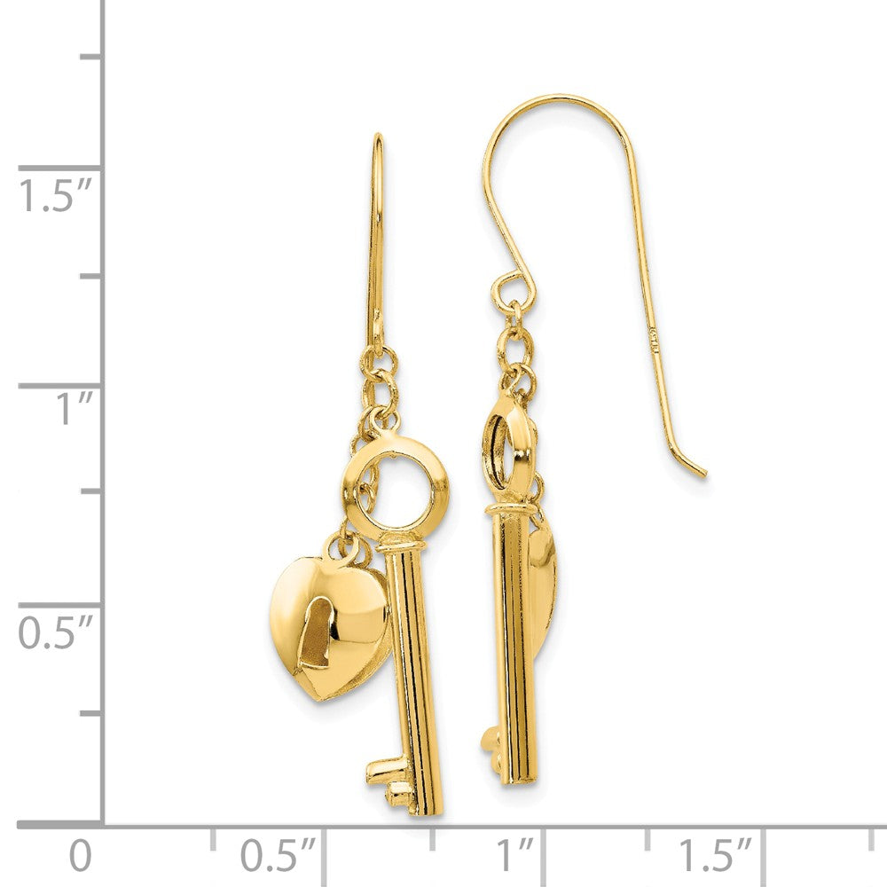 14K Gold Puff Heart Lock and Key Earrings