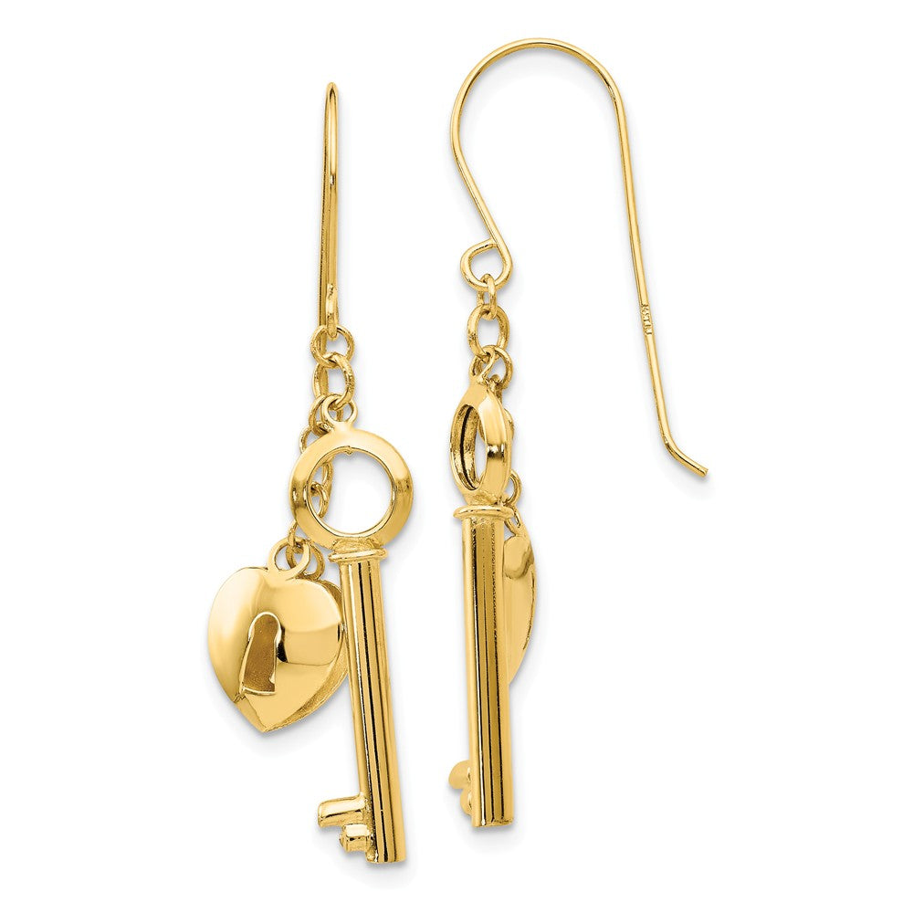 Puffed Heart Lock & Key Drop Earrings in 14K Yellow Gold Main image