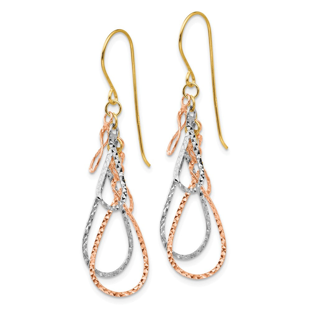 14K Tri-color Diamond Cut Tear Drop Dangle Earrings Secondary image