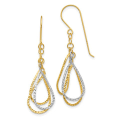 14K Two-tone Diamond Cut Tear Drop Shepherd Hook Earrings