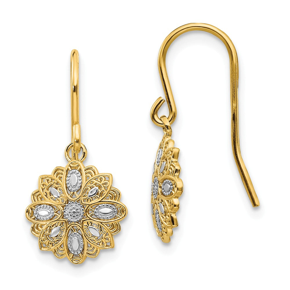 14K & Rhodium Diamond Cut  Polished Fancy Dangle Earrings