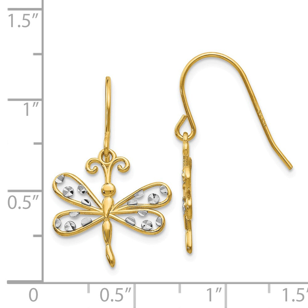 14k & Rhodium Diamond-cut Dragonfly Shepherd Hook Earrings