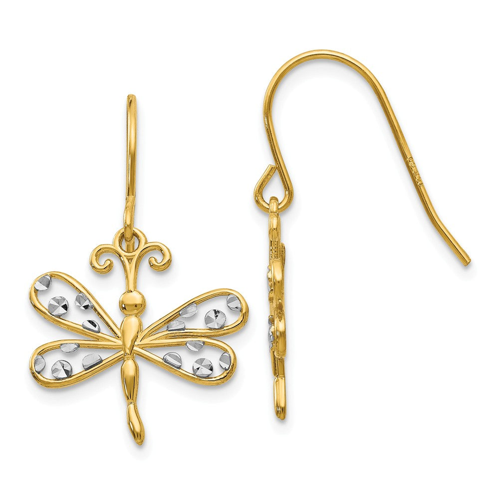 14K & Rhodium Diamond-cut Dragonfly Shepherd Hook Earrings