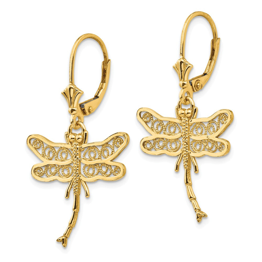14K Dragonfly With Filigree Wings Leverback Earrings