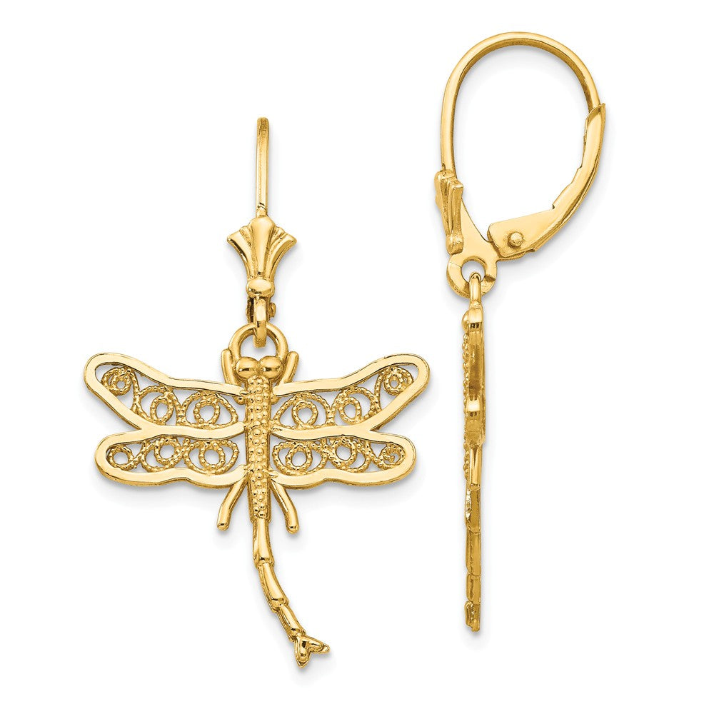 14K Dragonfly With Filigree Wings Leverback Earrings
