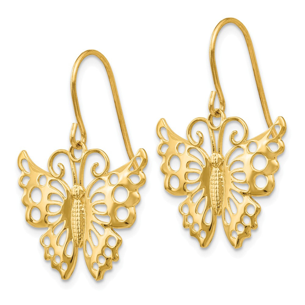 14K Dangle Butterfly Shepherd Hook Earrings