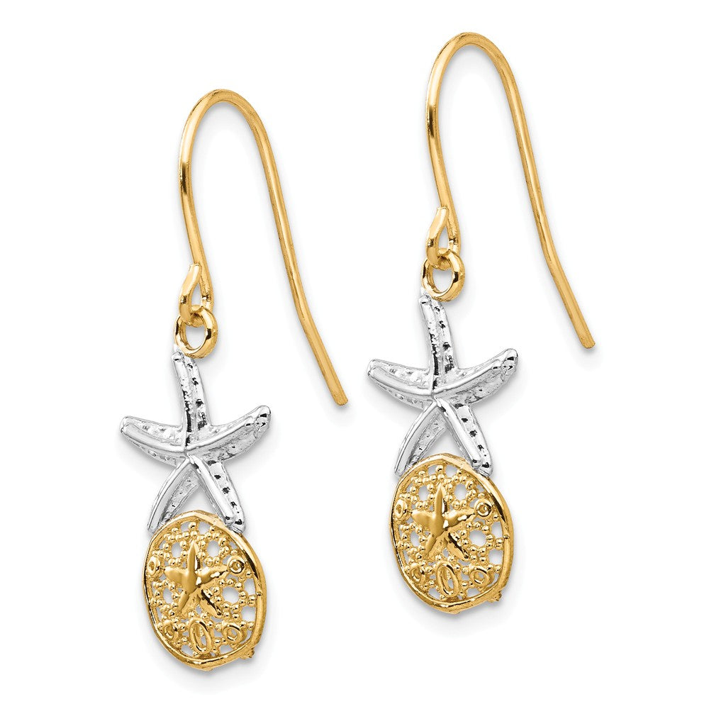 14K & Rhodium Starfish With Sand Dollar Shepherd Hook Earrings Secondary image