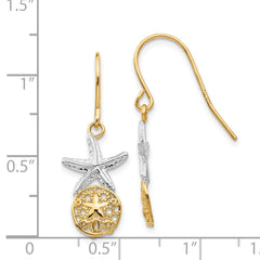 14k & Rhodium Starfish w/Sand Dollar Shepherd Hook Earrings