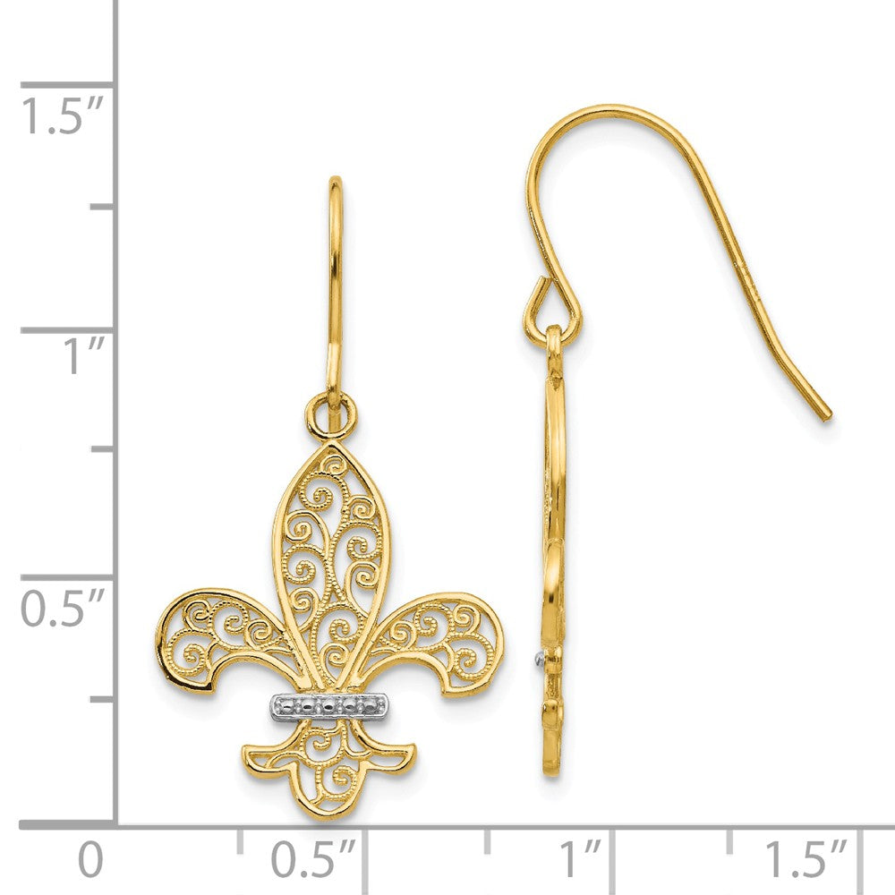 14k & Rhodium Fleur de lis Shepherd Hook Earrings