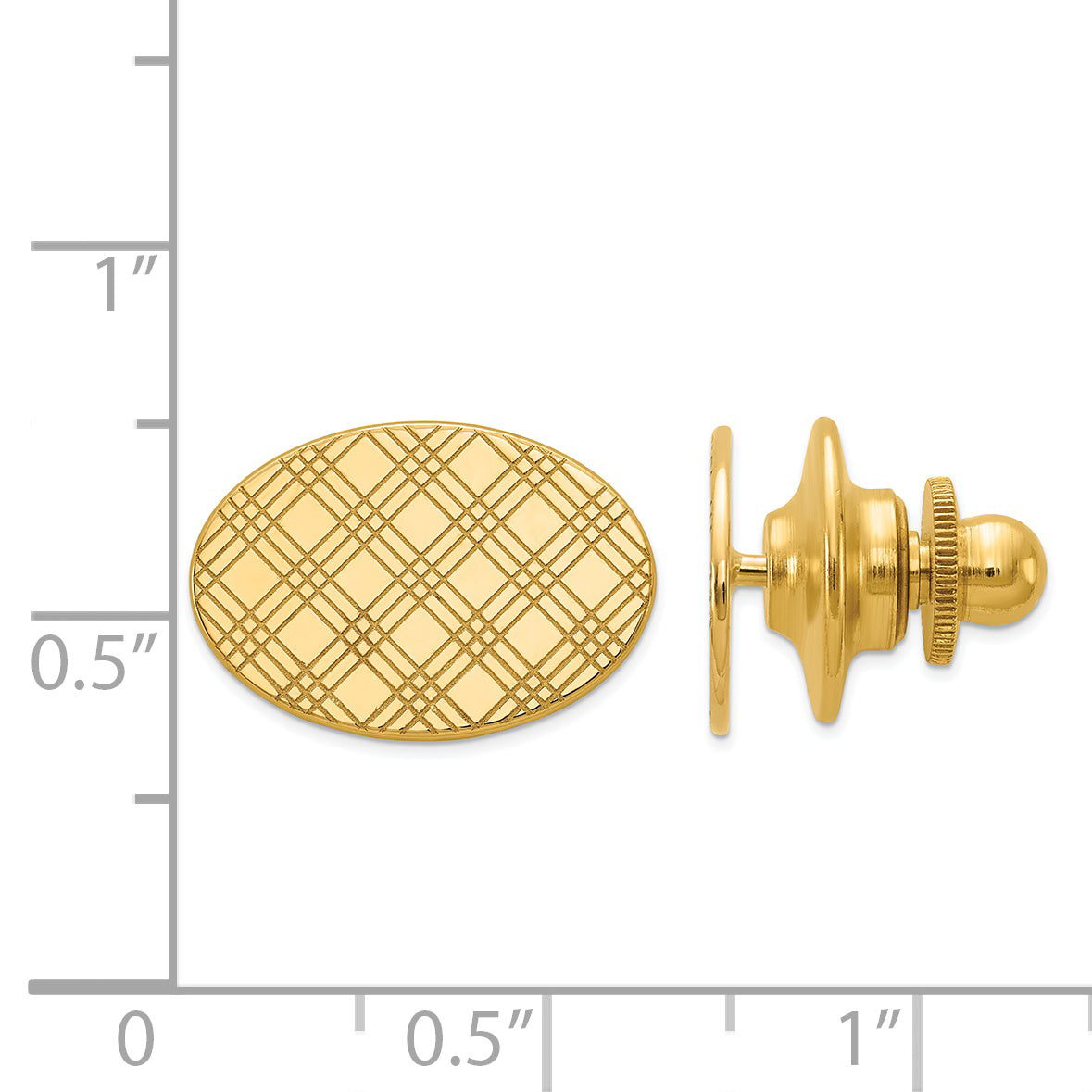 14K Gold Men's Checkered Oval Tie Tac with Polished Grooved Design