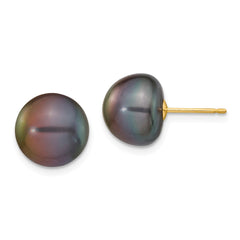 14K 10-11mm Black Button FW Cultured Pearl Stud Post Earrings