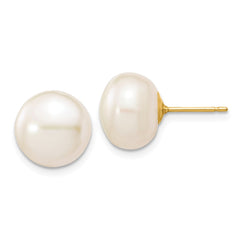 14K 10-11mm White Button Freshwater Cultured Pearl Stud Post Earrings