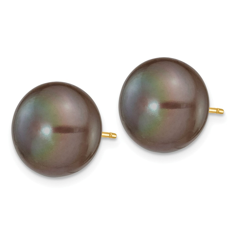 14K 11-12mm Black Button FW Cultured Pearl Stud Post Earrings