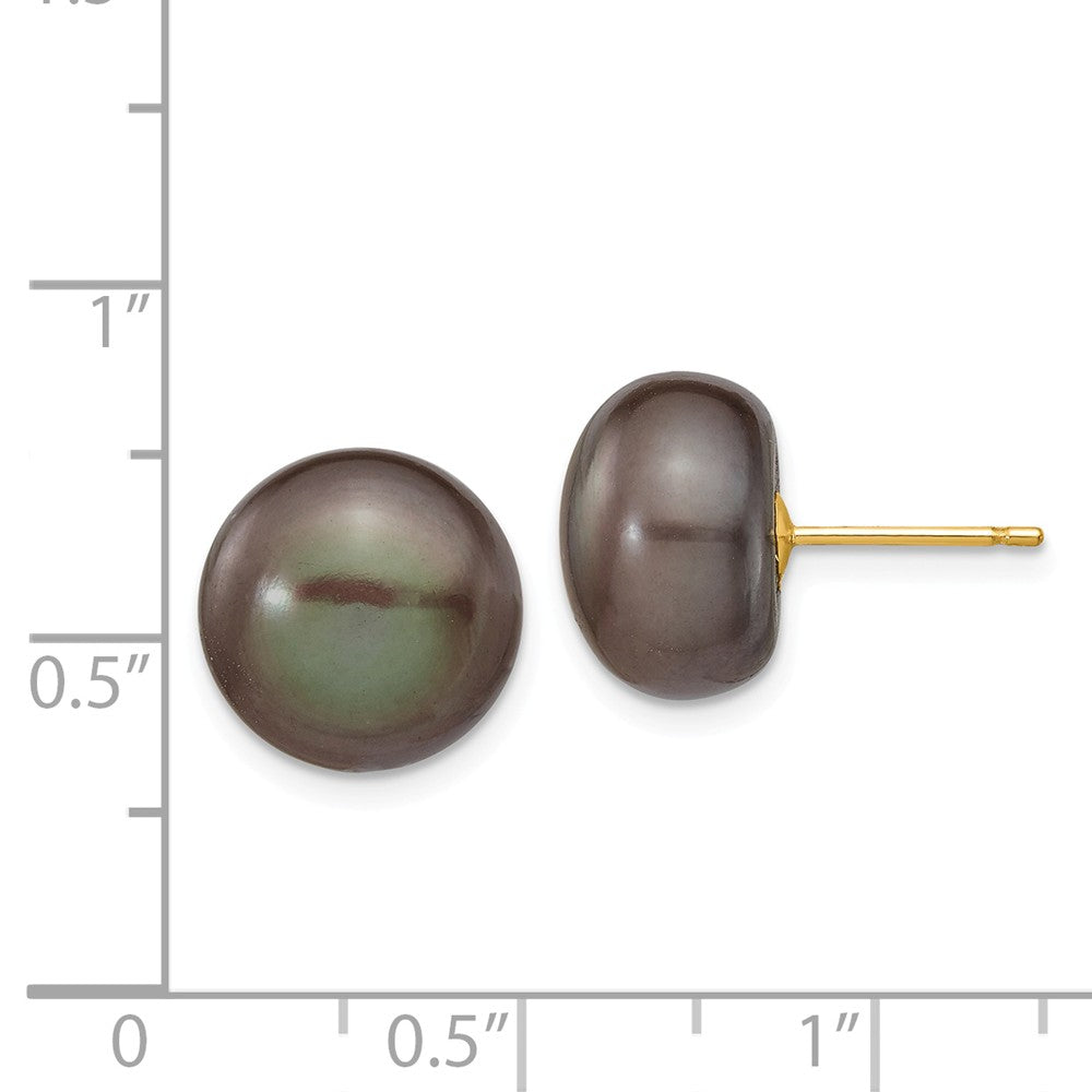 14k 11-12mm Black Button FW Cultured Pearl Stud Post Earrings