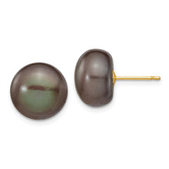14K 11-12mm Black Button FW Cultured Pearl Stud Post Earrings