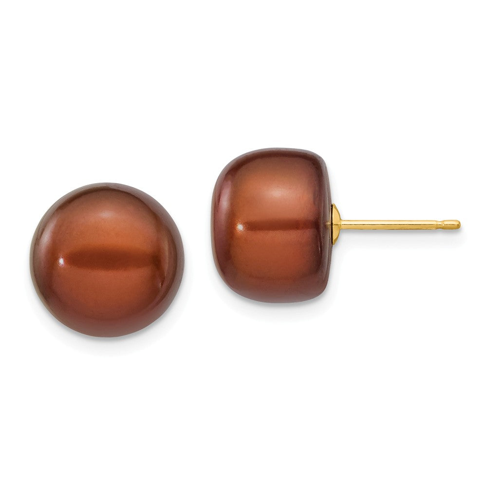 14K 11-12mm Coffee Button Freshwater Cultured Pearl Stud Post Earrings