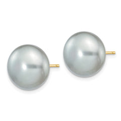 14K 11-12mm Grey Button FW Cultured Pearl Stud Post Earrings