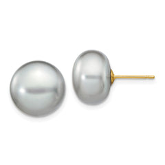 14K 11-12mm Grey Button FW Cultured Pearl Stud Post Earrings