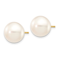 14K 11-12mm White Button Freshwater Cultured Pearl Stud Post Earrings
