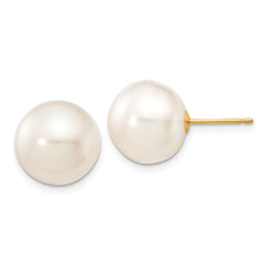 14K 11-12mm White Button Freshwater Cultured Pearl Stud Post Earrings