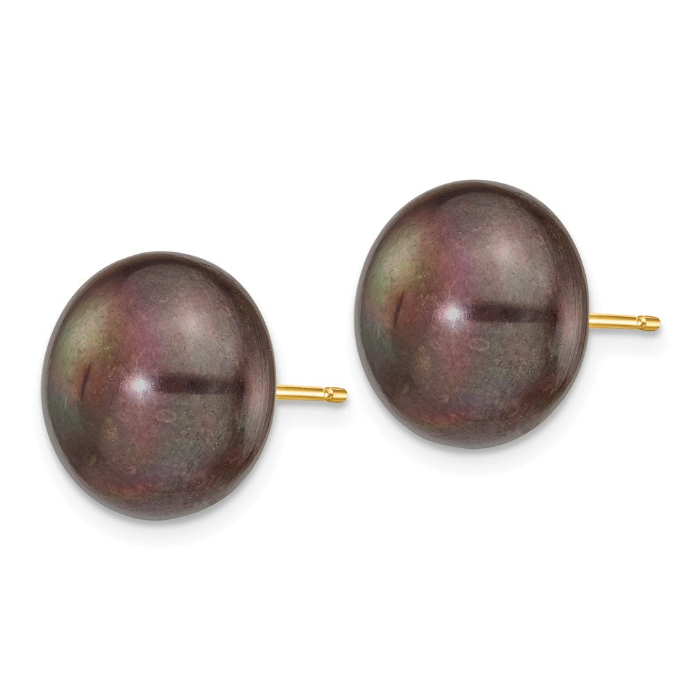 14K 12-13mm Black Button FW Cultured Pearl Stud Post Earrings