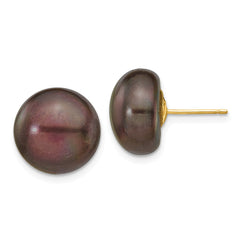 14K 12-13mm Black Button FW Cultured Pearl Stud Post Earrings