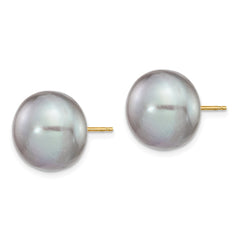 14K 12-13mm Grey Button FW Cultured Pearl Stud Post Earrings
