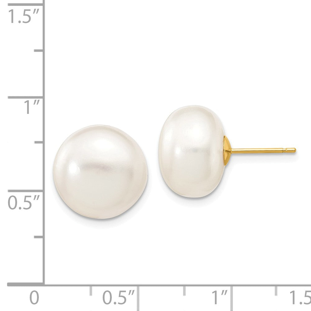 14k 12-13mm White Button Freshwater Cultured Pearl Stud Post Earrings