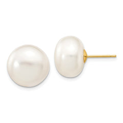 14K 12-13mm White Button Freshwater Cultured Pearl Stud Post Earrings