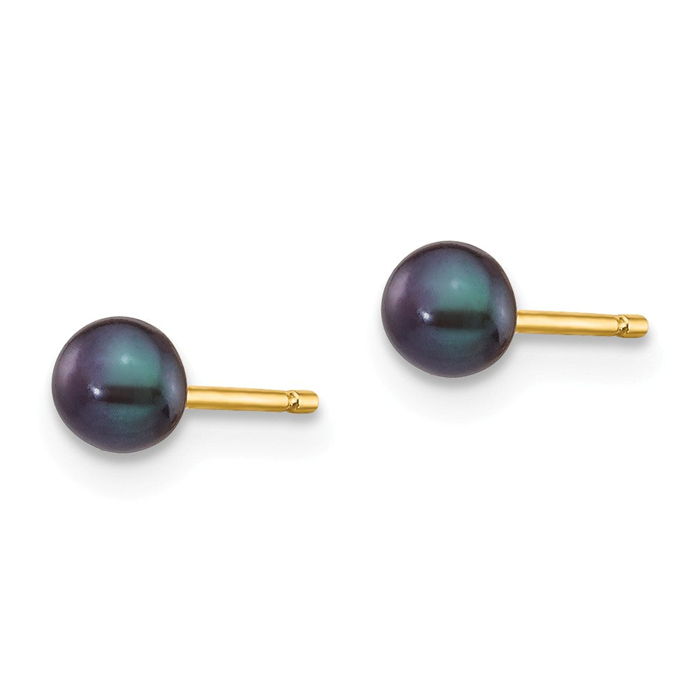 14K 3-4mm Black Button FW Cultured Pearl Stud Post Earrings