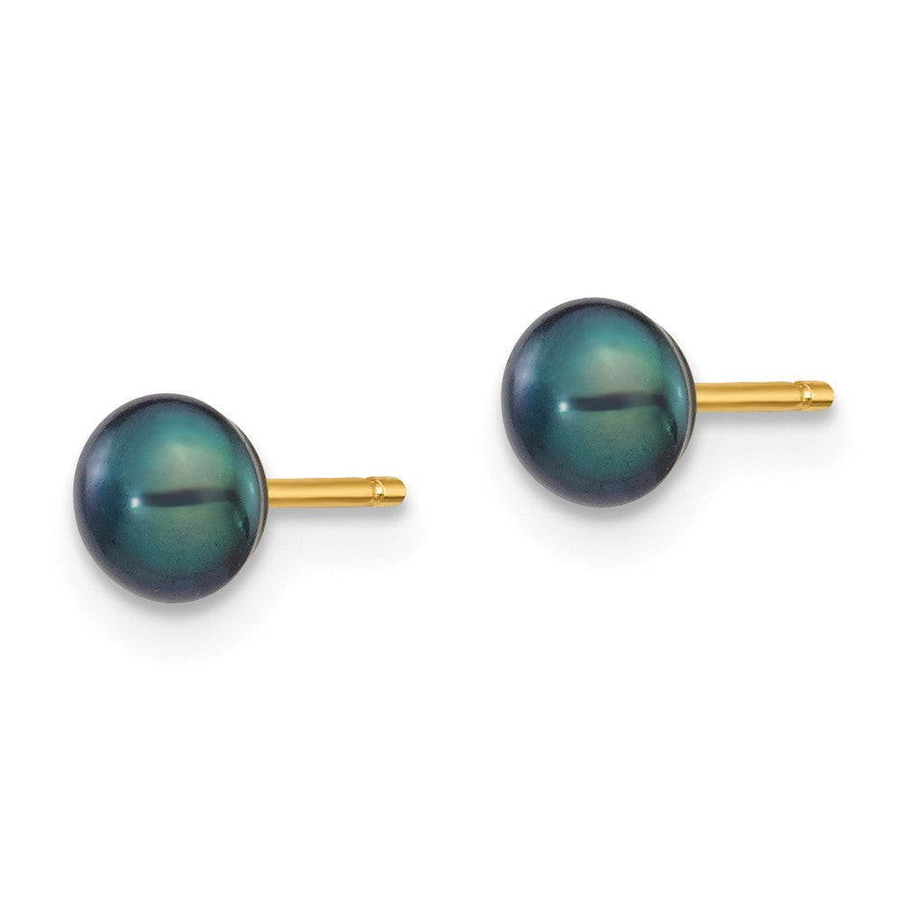 14K 4-5mm Black Button FW Cultured Pearl Stud Post Earrings