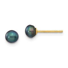 14K 4-5mm Black Button FW Cultured Pearl Stud Post Earrings