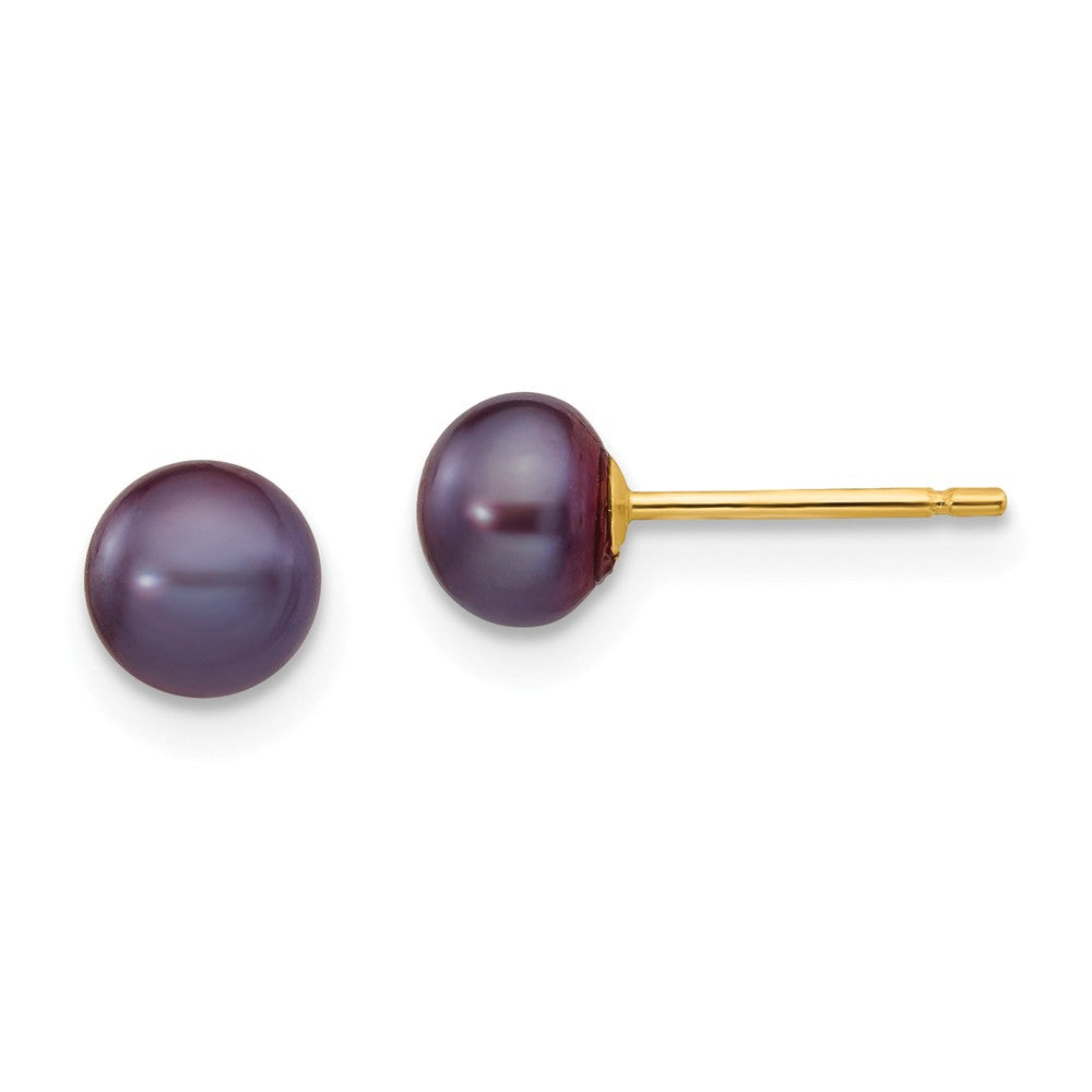 14K 5-6mm Black Button FW Cultured Pearl Stud Post Earrings